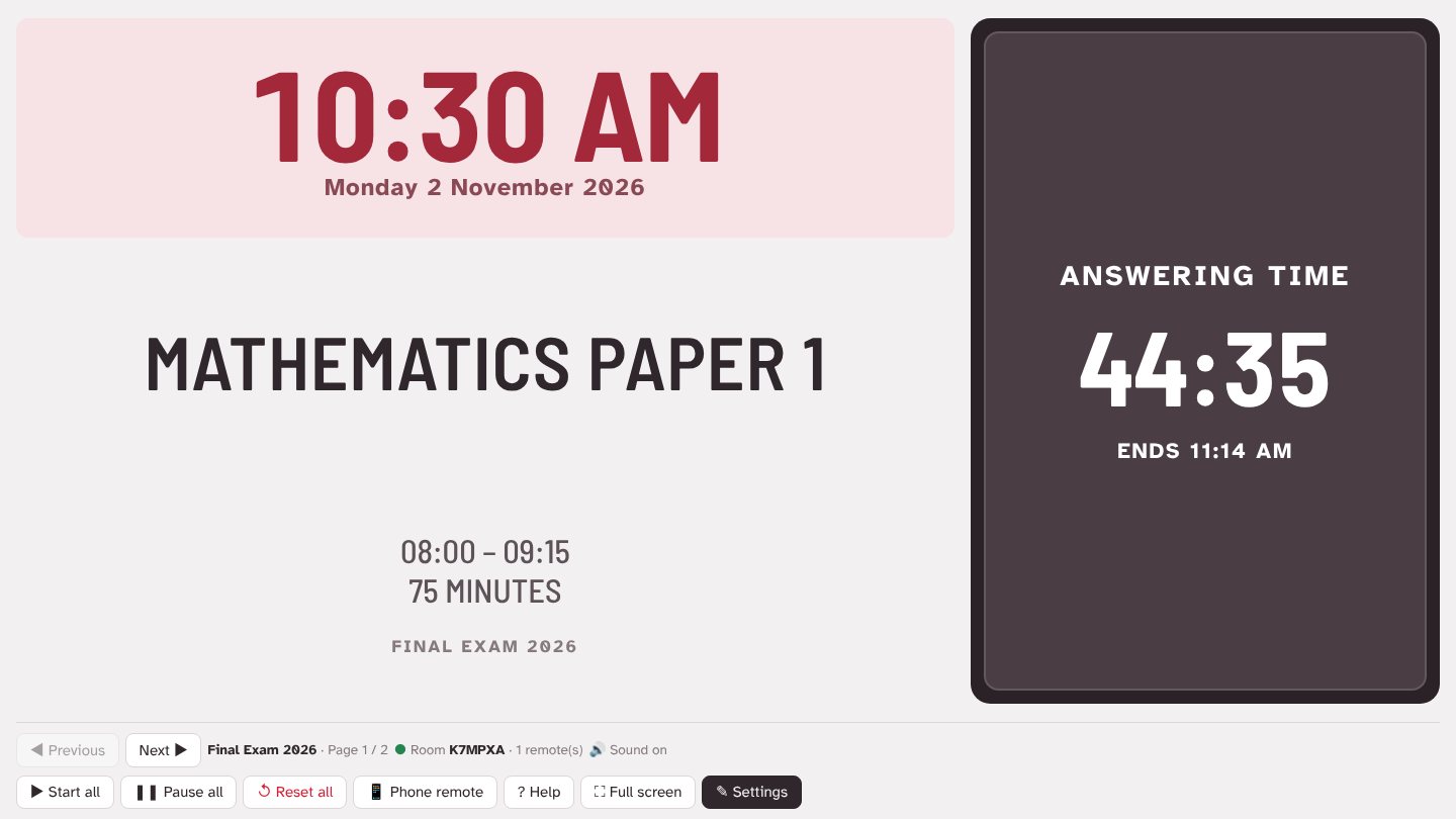AZ=R Countdown display showing 10:30 AM, Mathematics Paper 1 and a countdown at 44:37