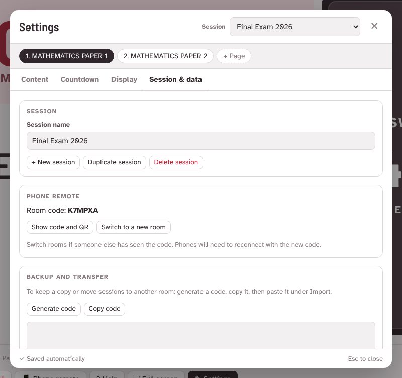 Session and data tab with session buttons, room code and backup section