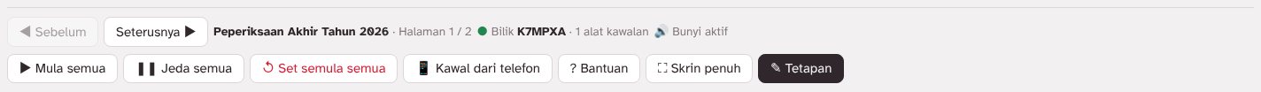 Bar bawah: Sebelum, Seterusnya, Mula semua, Jeda semua, Set semula semua, Kawal dari telefon, Bantuan, Skrin penuh, Tetapan