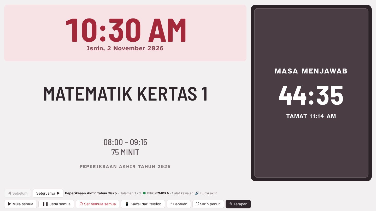 Paparan AZ=R Countdown menunjukkan 10:30 AM, Matematik Kertas 1 dan countdown 44:37