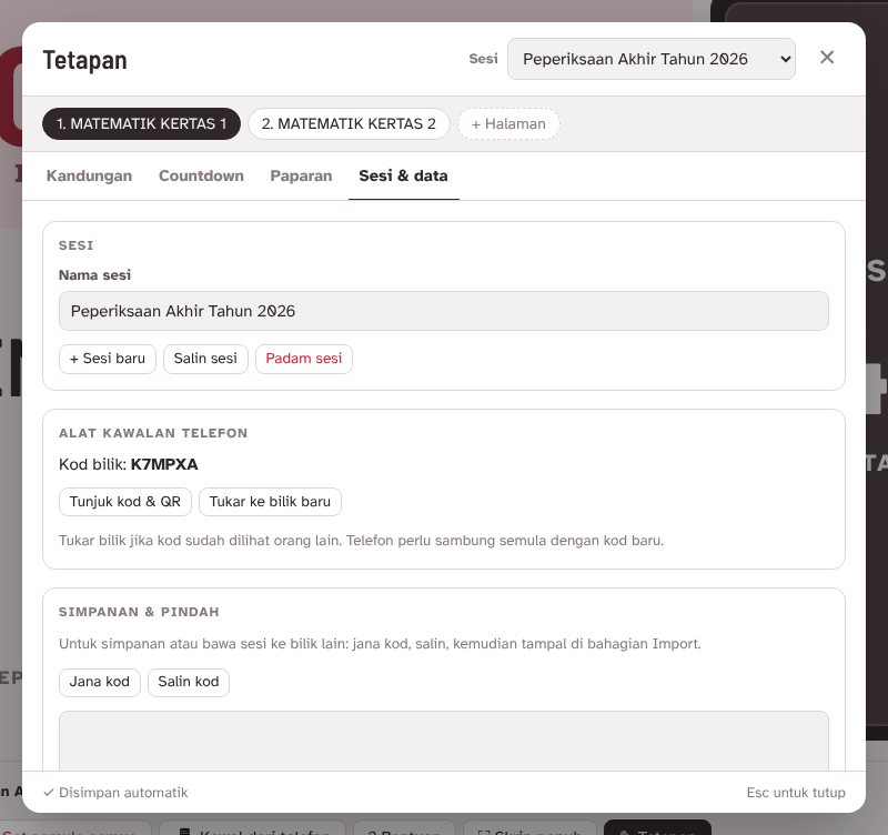 Tab Sesi dan data dengan butang sesi, kod bilik dan bahagian simpanan